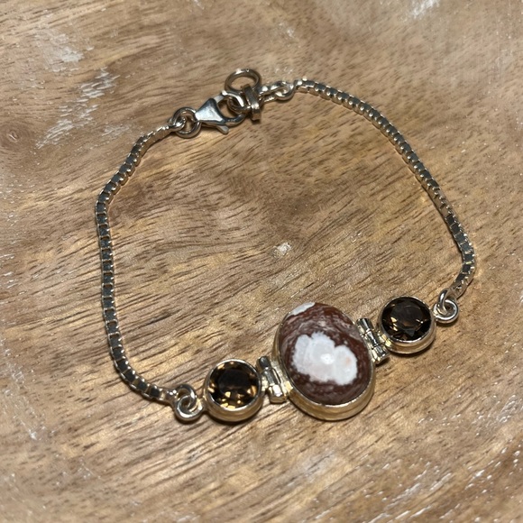 Agate & Smoky Topaz Stone Box Chain 925 Sterling Silver Bracelet - Picture 2 of 15